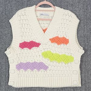 Zara Sweater Vest Womens Small Beige Sleeveless Preppy V-Neck Side Button-Up